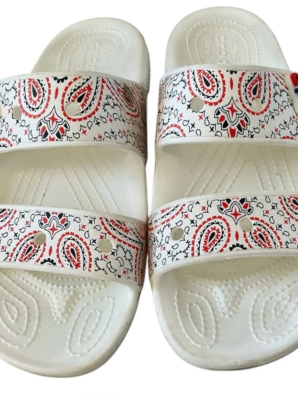 Crocs white red blue paisley print Americana sandals slides size 9 - Picture 2 of 5